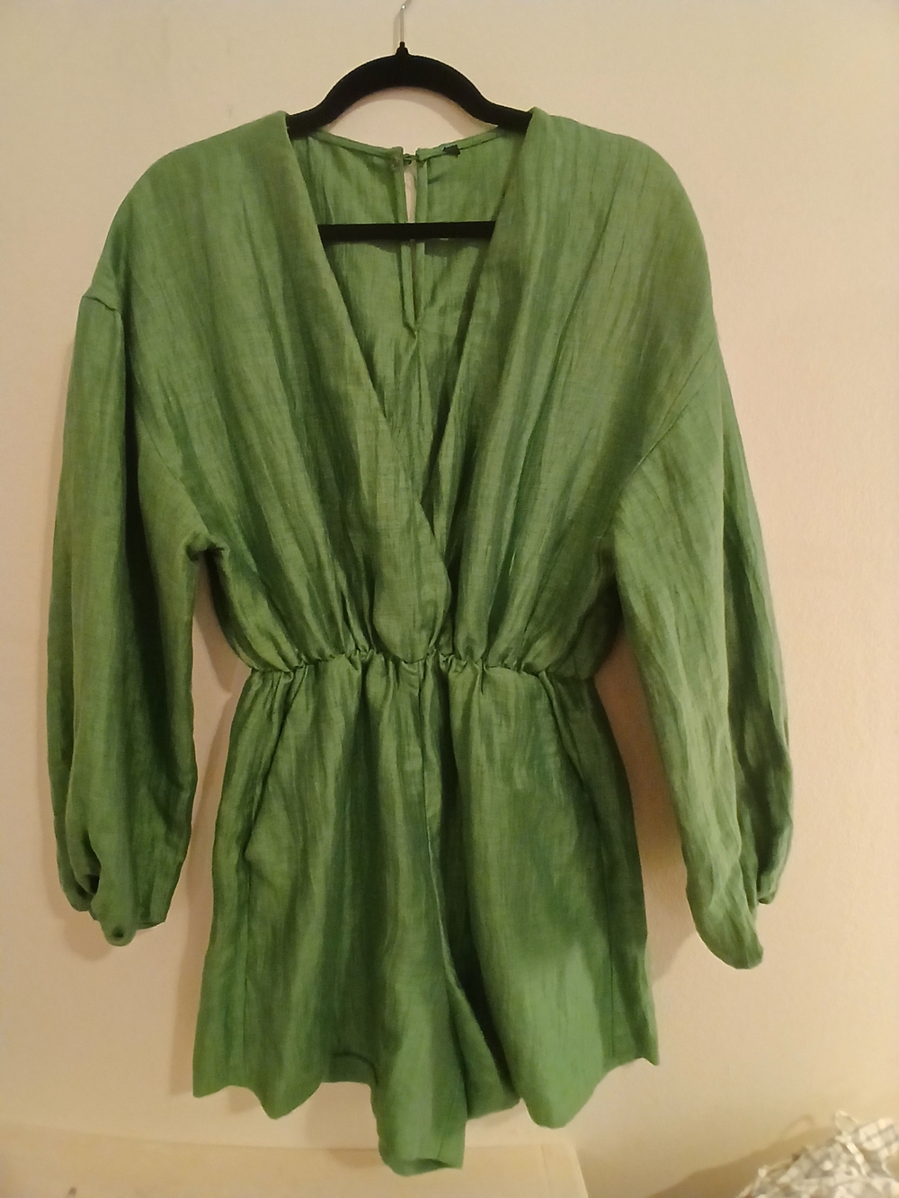 Green Maje Linen V-Neck Long Sleeve Romper